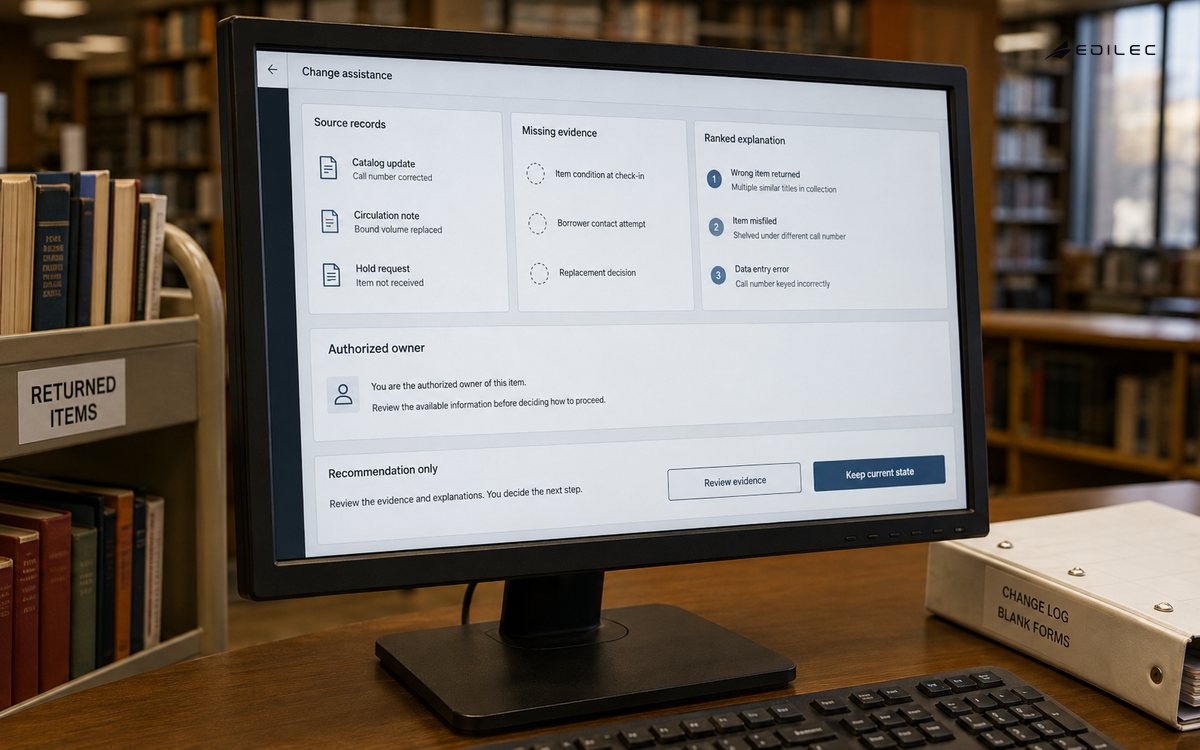 A library operations monitor presents change-risk assistance for owner review.
