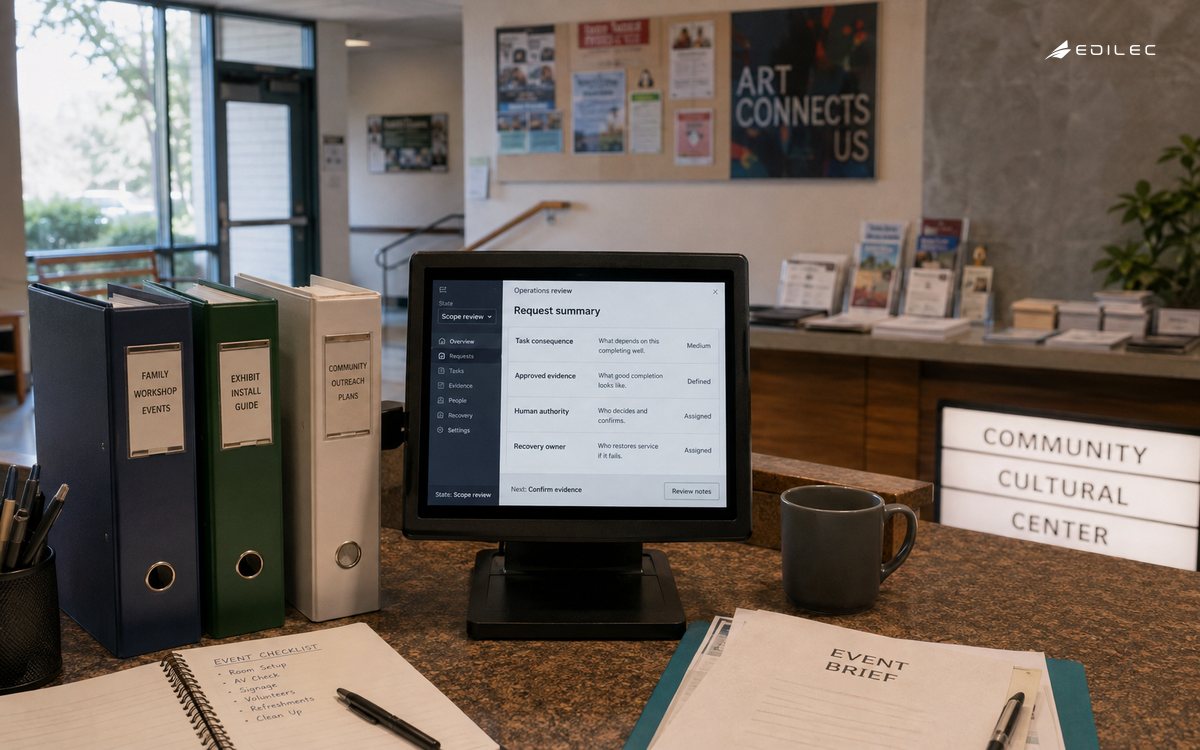 Wide photo of a community cultural-center operations desk with event binders and a modest opaque supported terminal.