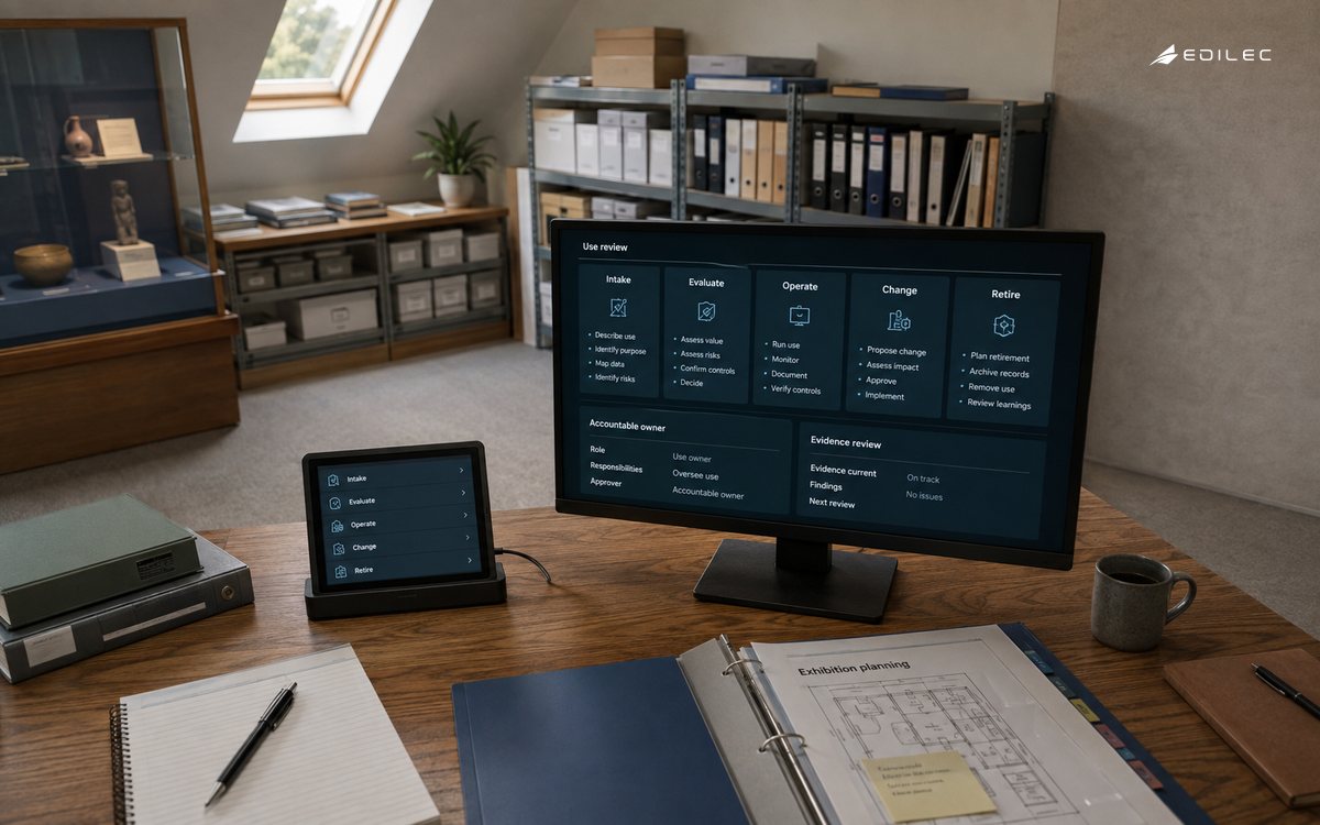 A museum operations workspace reviews the lifecycle and ownership of an AI use.