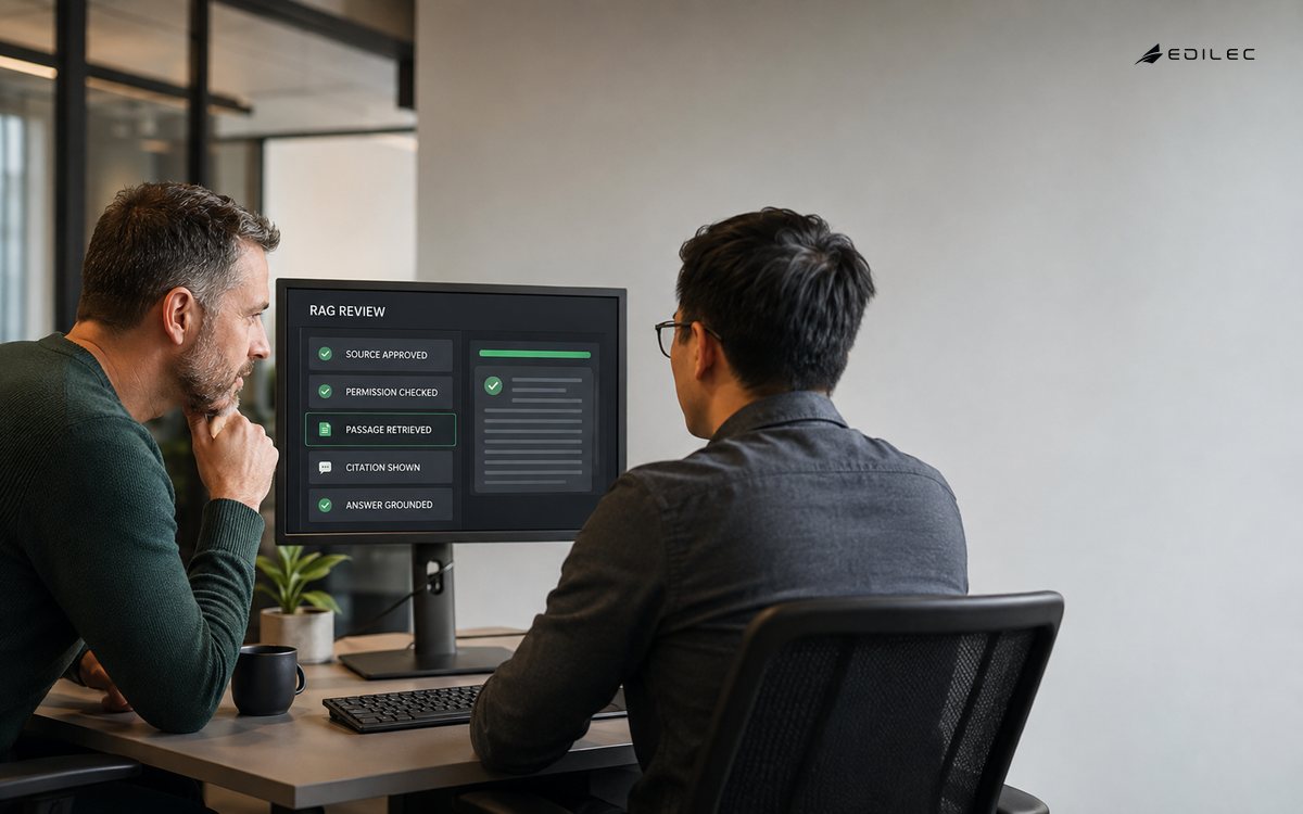 A support lead and engineer reviewing a retrieval-augmented support screen with source, permission, passage and citation checks.