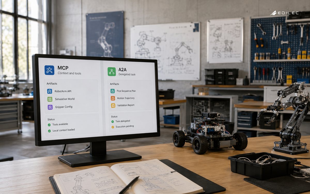 A university robotics collaboration studio, inactive tabletop robots and a small monitor on a visible desk stand.
