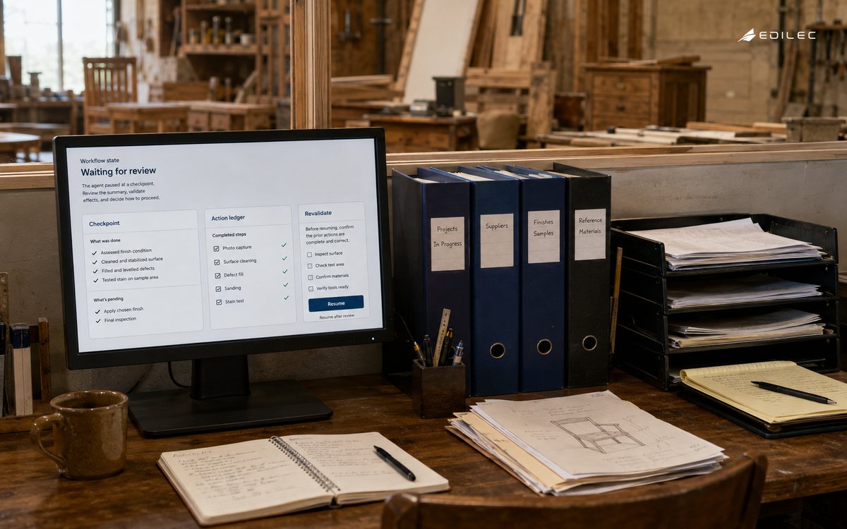 A restoration-office monitor reviews a paused workflow before resuming.