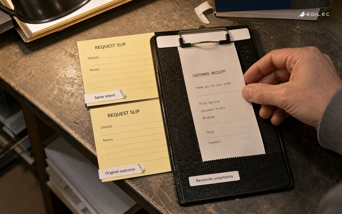 A printshop counter: two identical plain request slips feed one clipped receipt folder, and a hand aligns the original receipt.