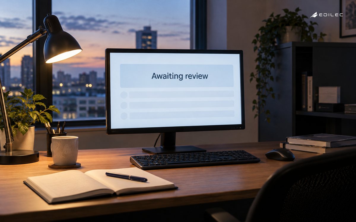 An operations monitor displays Awaiting review beside a notebook and keyboard.