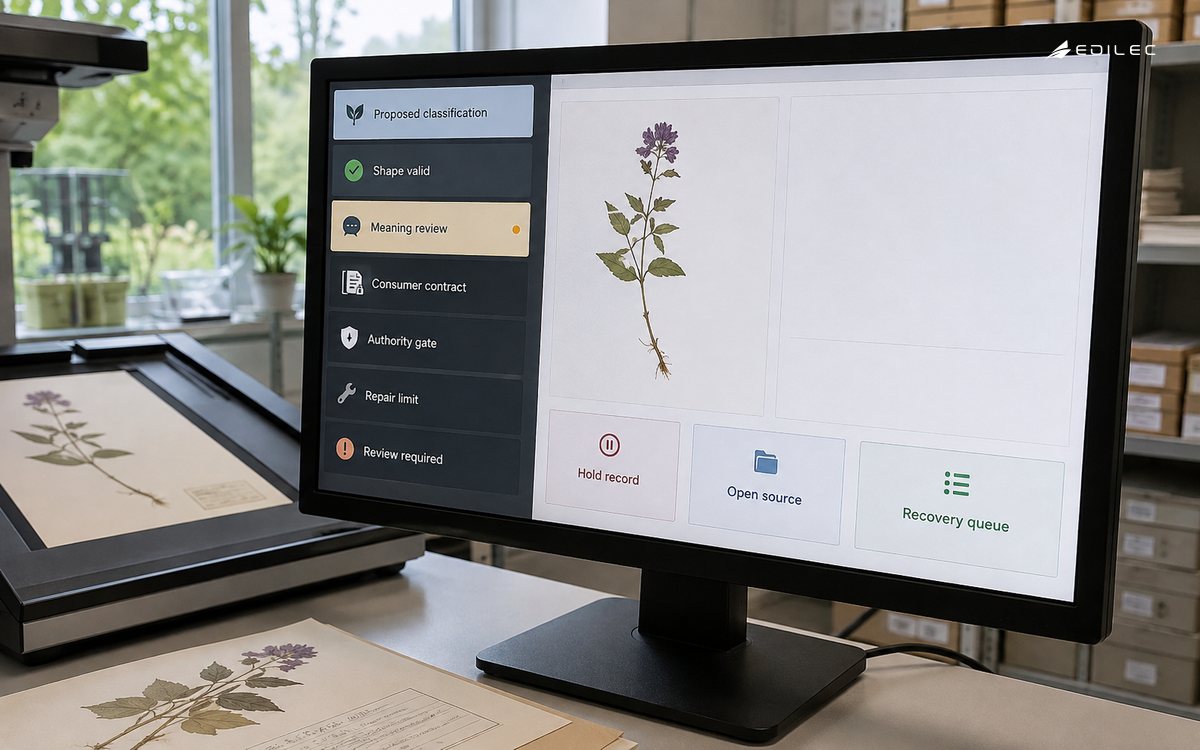 A detailed output-contract review interface on a desktop LCD at a botanical catalog digitization station.