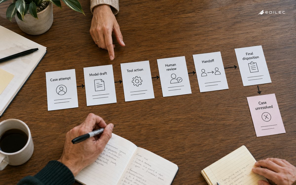 A case-coordination table with causal event cards in a line ending at a separate unresolved outcome card.
