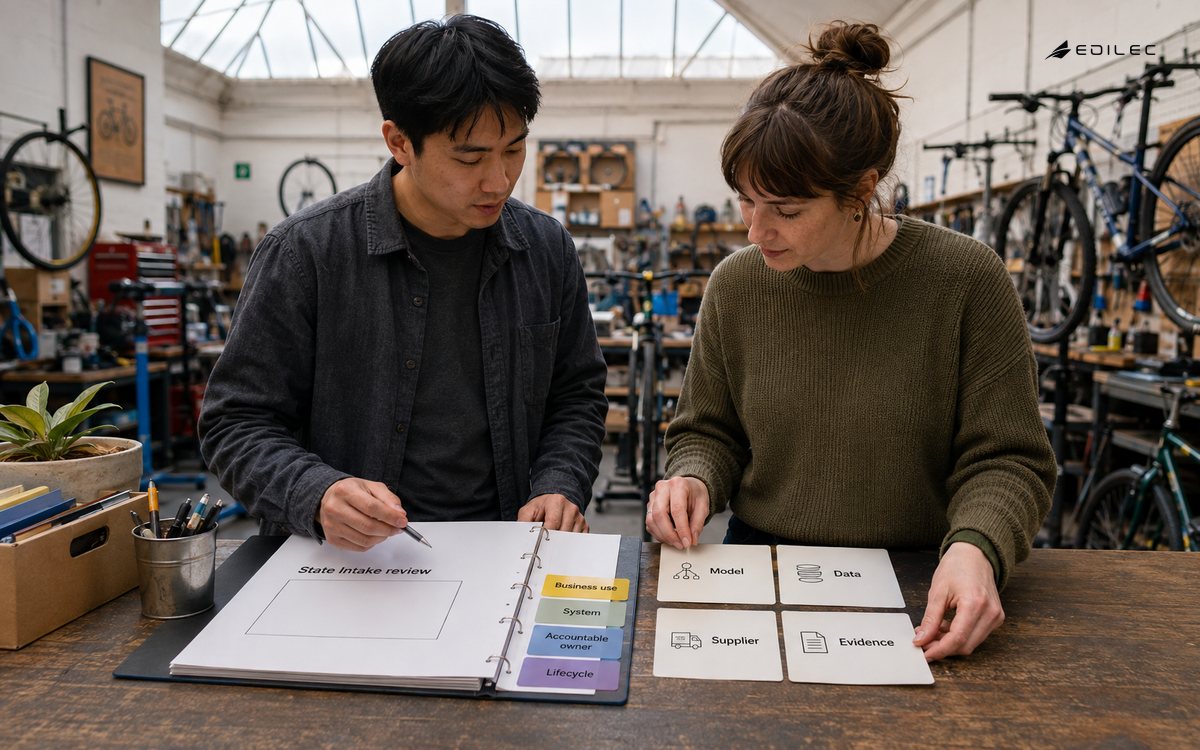 Standing colleagues connect an AI-use intake record with dependency and evidence cards.