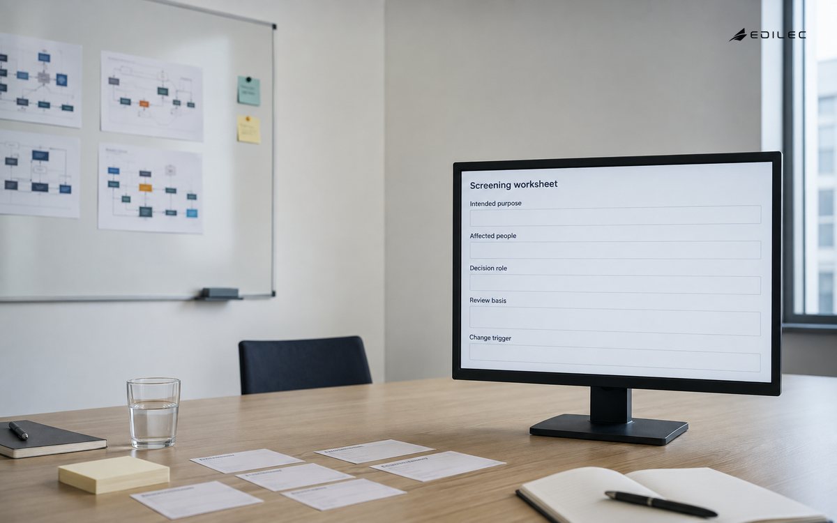 A use-case worksheet records purpose and affected people for review.