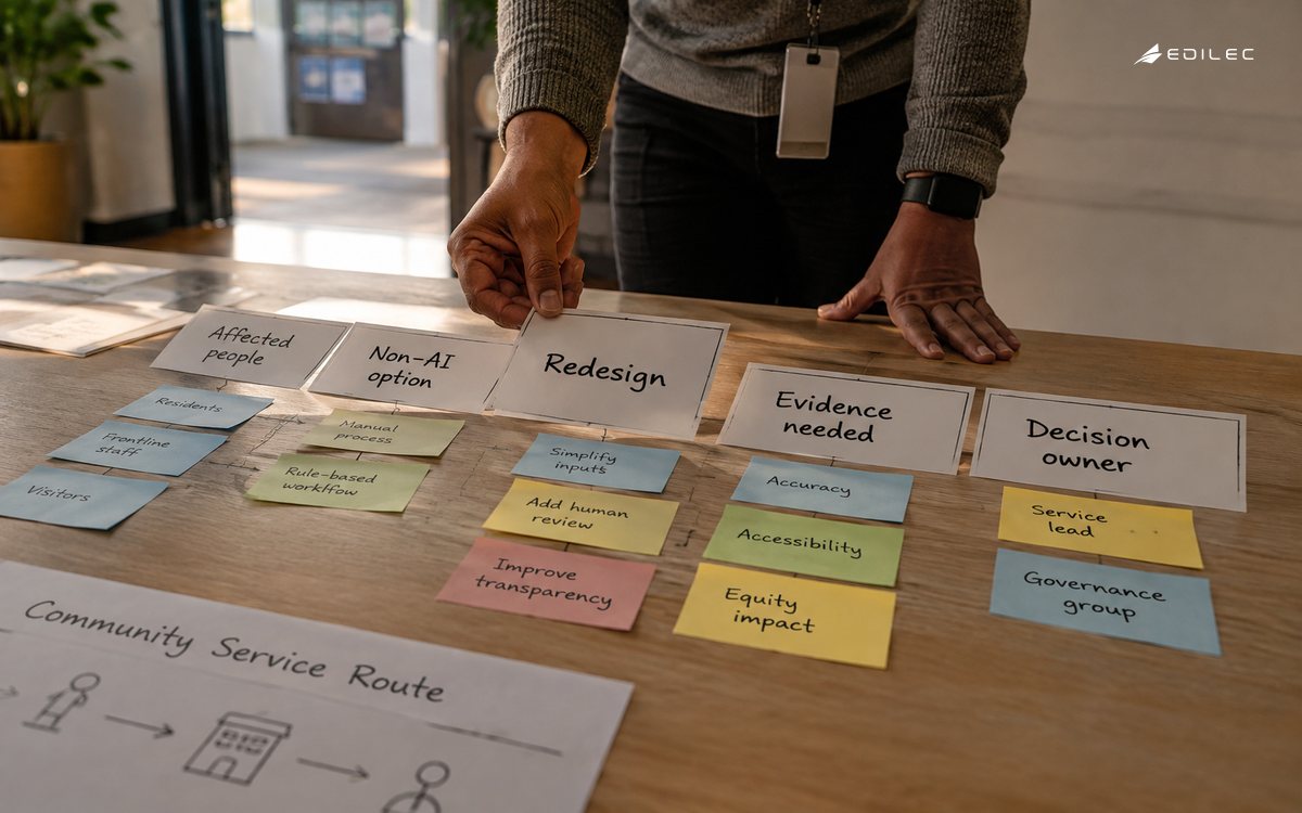 Cropped hands of a standing community-service designer moving a paper service route at an accessible reception planning table.