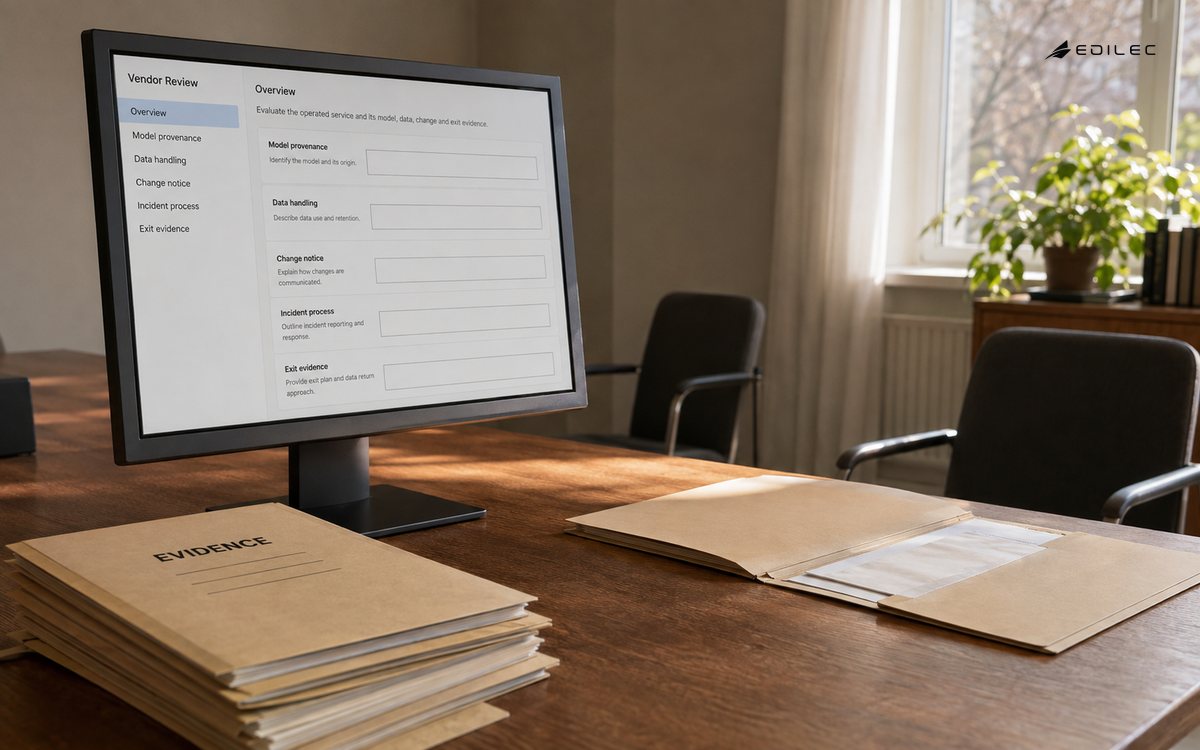 A procurement review organizes evidence about an AI service's lifecycle.