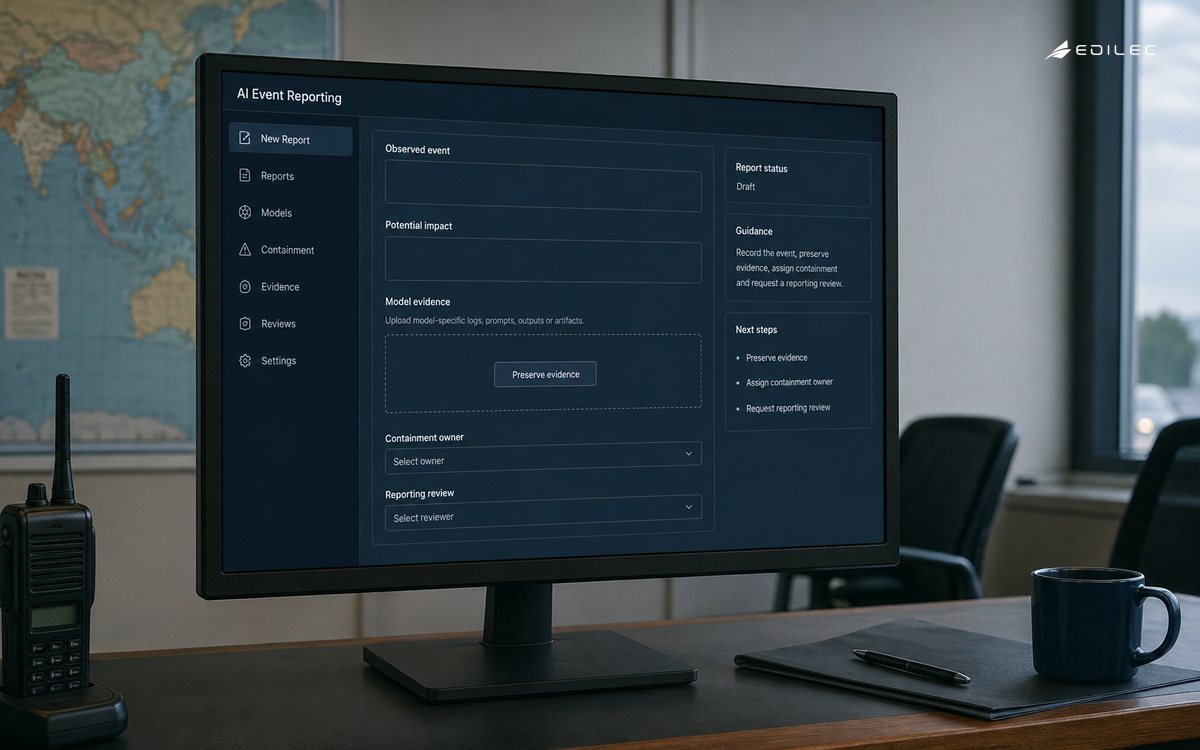 An event-reporting workspace keeps model evidence beside a containment owner.