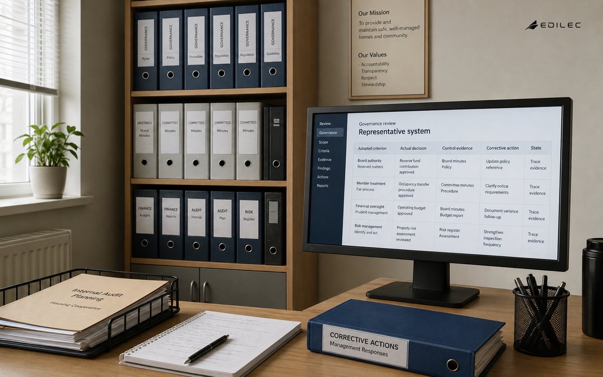A housing cooperative internal-audit planning office with governance folders and modest monitor on a stand.