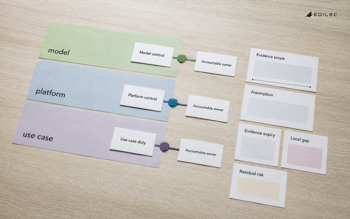 A charity casework governance table holds three transparent-free paper layers labeled model, platform and use case, connected by removable owner cards.