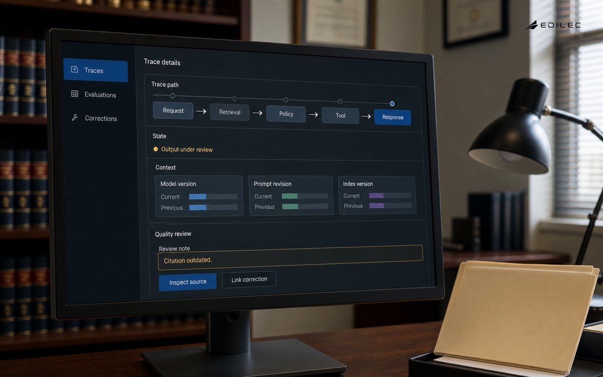 An AI trace inspector links an outdated citation to version context and a human correction.