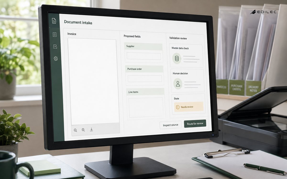 An invoice-intake screen keeps the source document beside proposed fields and a human validation decision.