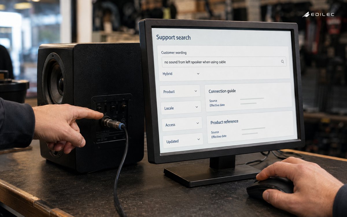 A repair technician searches approved support documents beside an audio cable and speaker.