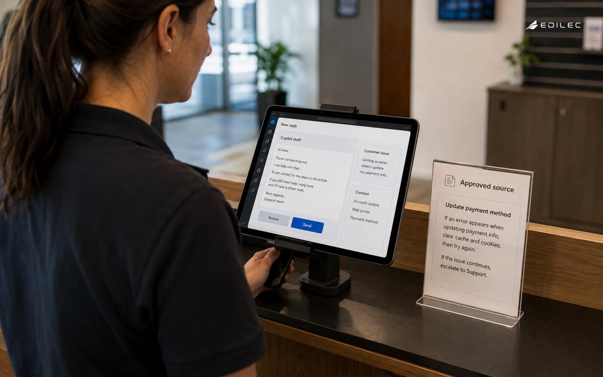 Over-shoulder action photograph of a standing service employee reviewing a drafted reply on a clamped tablet beside an approved knowledge card at a support counter.