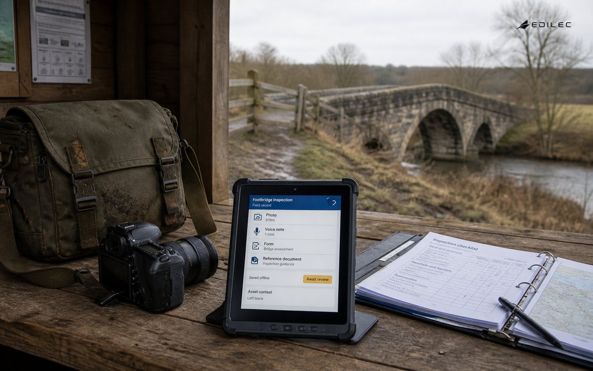 A field inspection record keeps offline photos, notes and forms together.