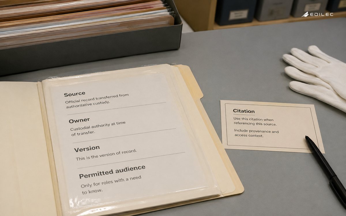 Tactile photograph in a controlled records reading area, a source document sleeve with ownership, version and permitted-audience cards next to a citation slip, no personal details or screens.