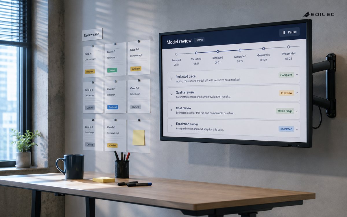 Wide photograph in an internal service review room with an empty standing review table, pinned case-review cards and a modest wall monitor mounted on a visible steel arm.