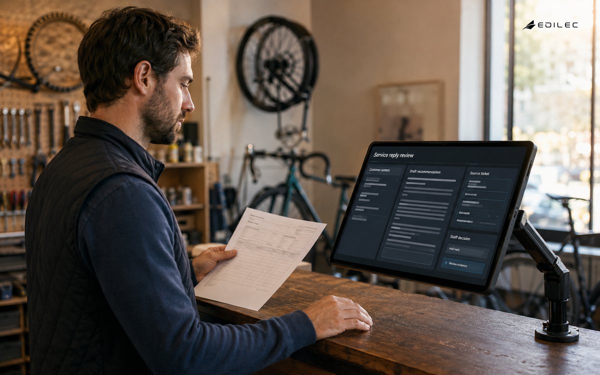 A service adviser reviews a draft reply against the source ticket before making a customer commitment.