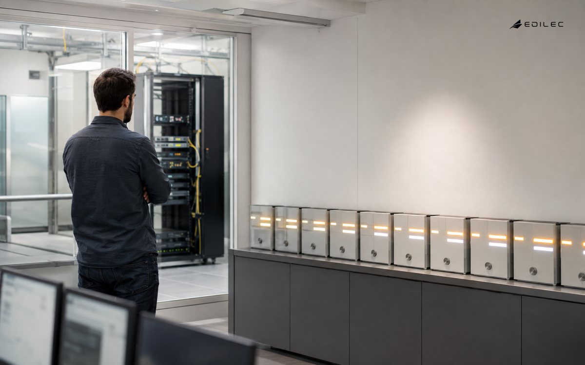 A release engineer inspects a server rack beside a row of modular status indicators.