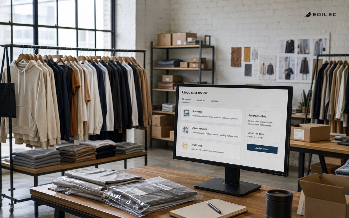 A commerce studio reviews product and shared-service allocation with an unallocated-cost category.