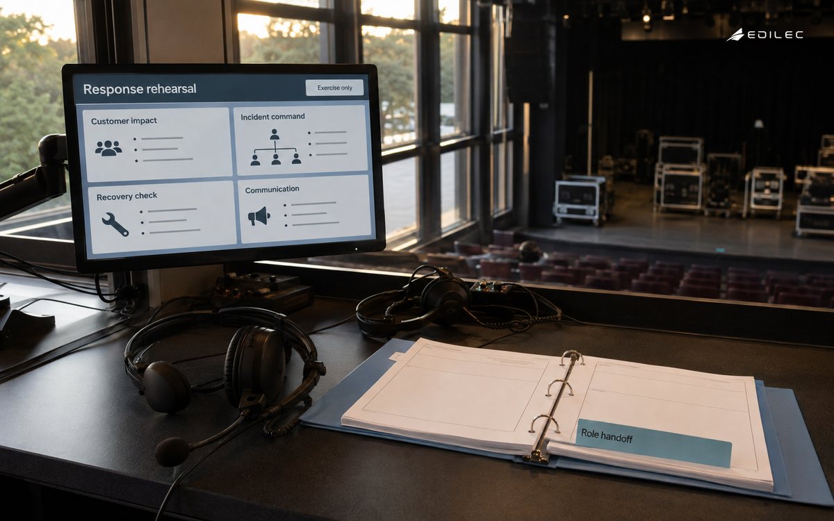 An event booth is prepared for a response rehearsal connecting customer impact, command and recovery checks.