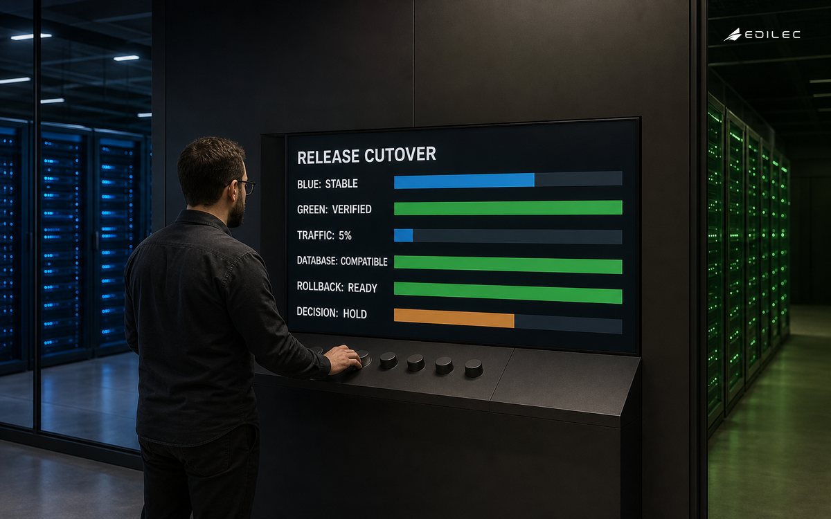 A platform engineer reviews a blue-green release cutover with both environments, traffic, database compatibility and rollback readiness visible.