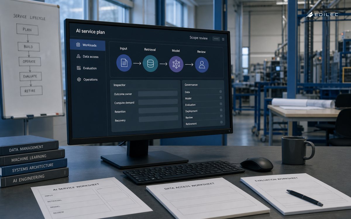 An AI service planning screen connects workload components with ownership, demand and recovery review.