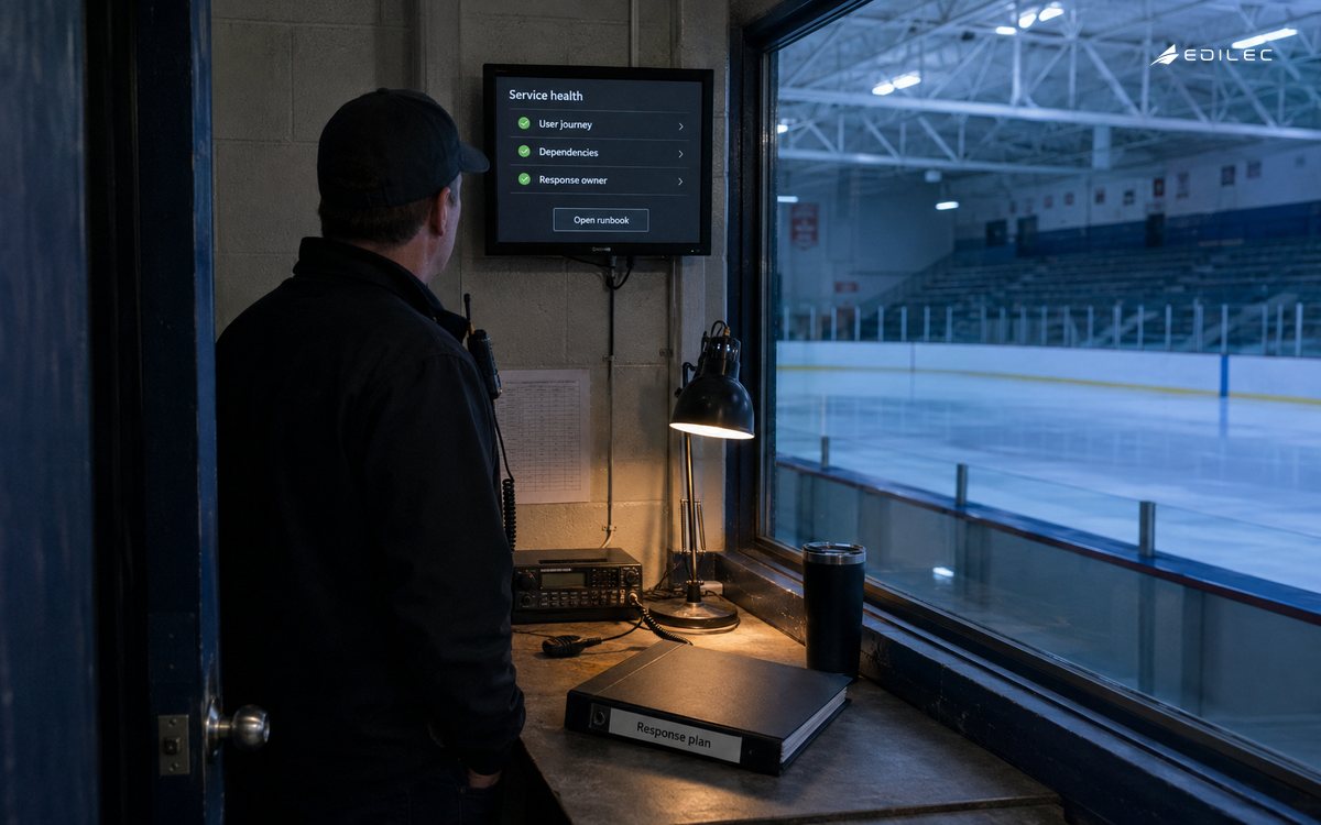 An arena operations booth connects service monitoring to a radio and response plan.