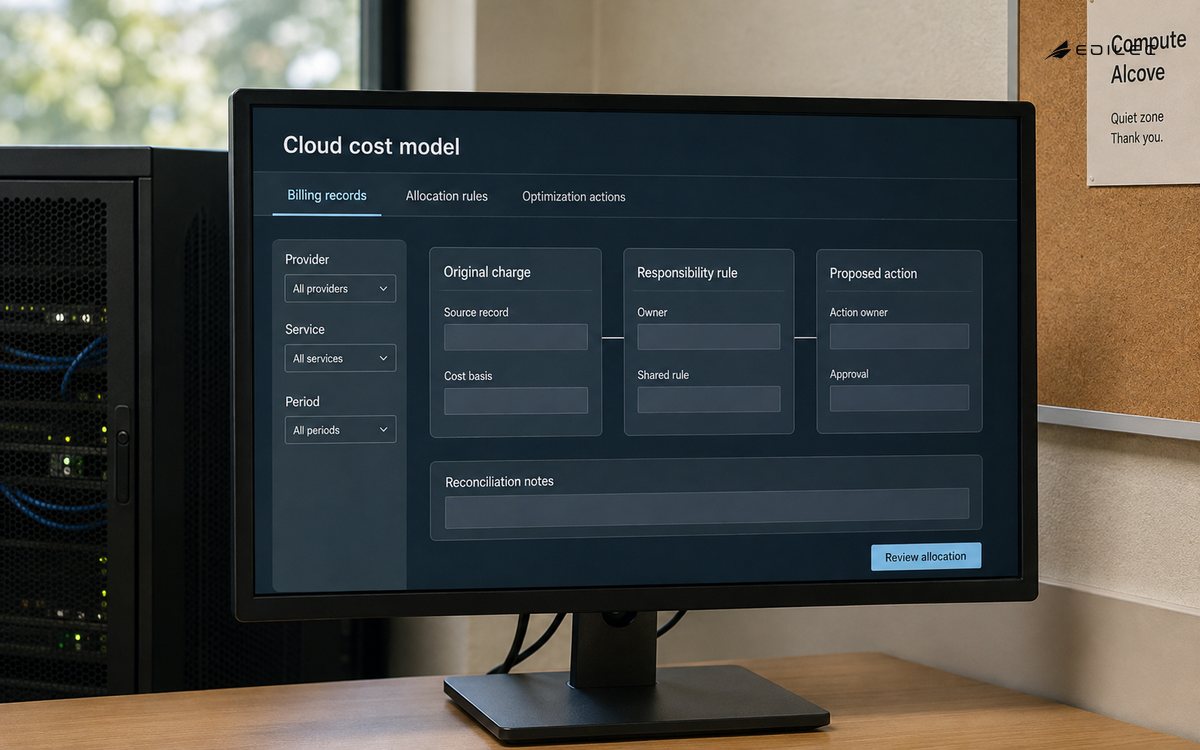 A cloud cost interface separates billing records, allocation rules and optimization actions.
