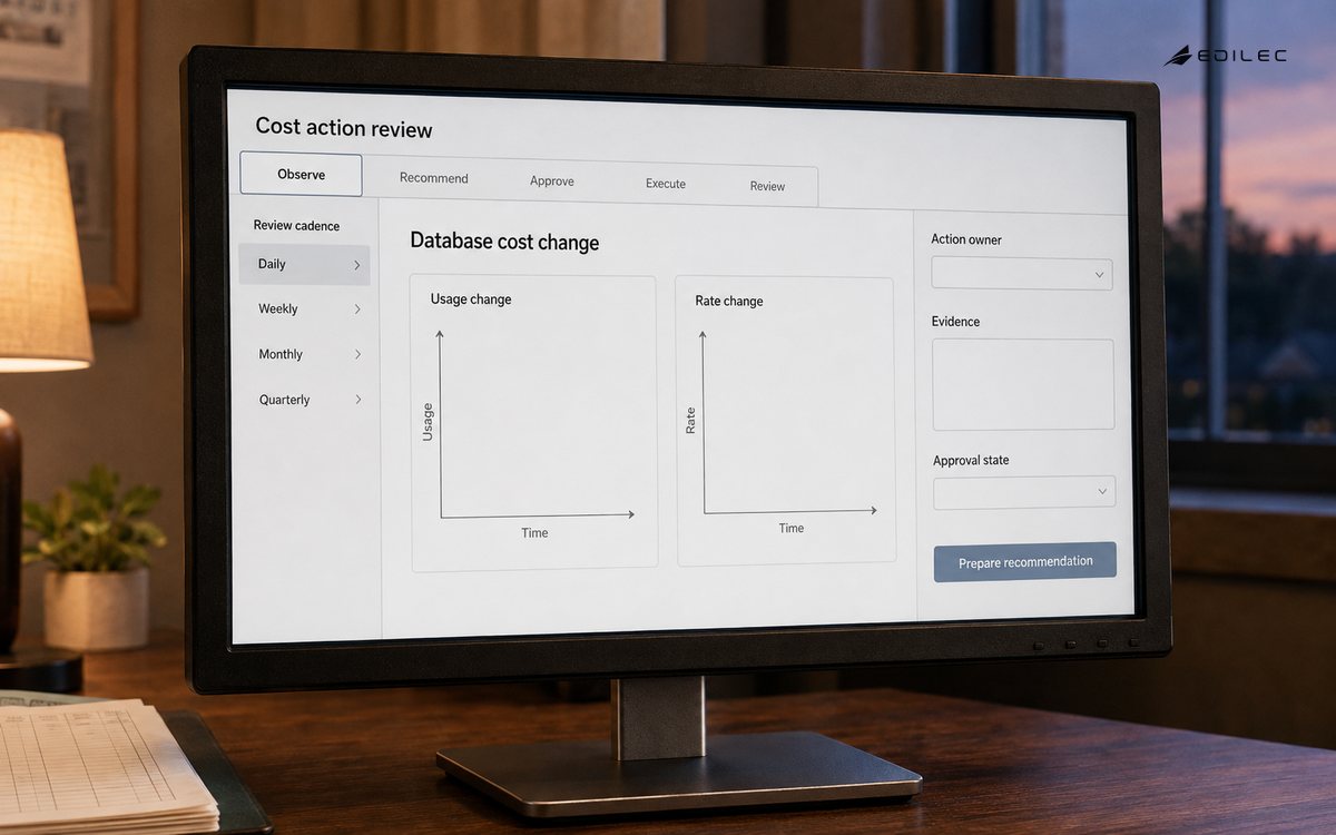 A cloud cost review display separates usage and rate explanations from controlled action stages.