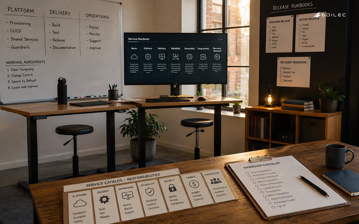 Medium-wide photograph of a shared platform enablement studio with release runbooks, two empty standing work positions and one modest opaque monitor on its manufactured stand.