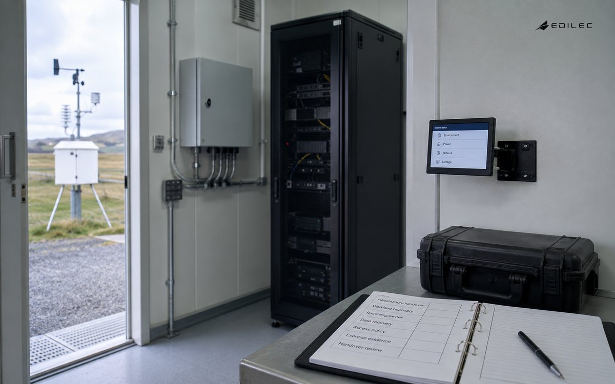 A field-station service room prepares infrastructure ownership and recovery evidence for handover.