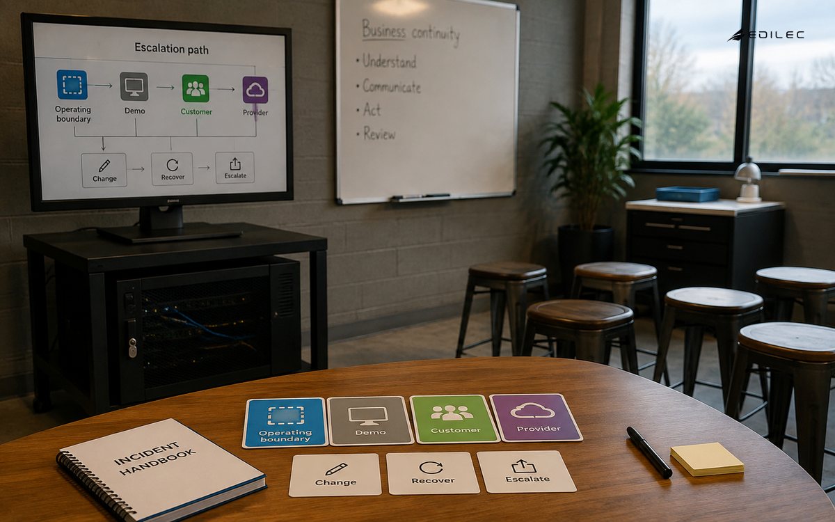 Wide photograph of a business continuity training space with empty stools, an incident handbook and one modest monitor on a solid stand beside a small network cabinet.