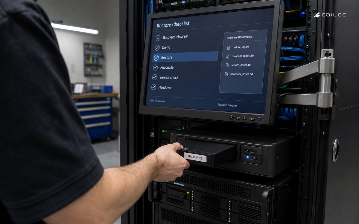 Low-angle photograph of an operator standing at a compact lab rack, carefully inserting a labeled removable backup drive into a plausible drive dock while a small console on a metal arm shows a restore checklist.