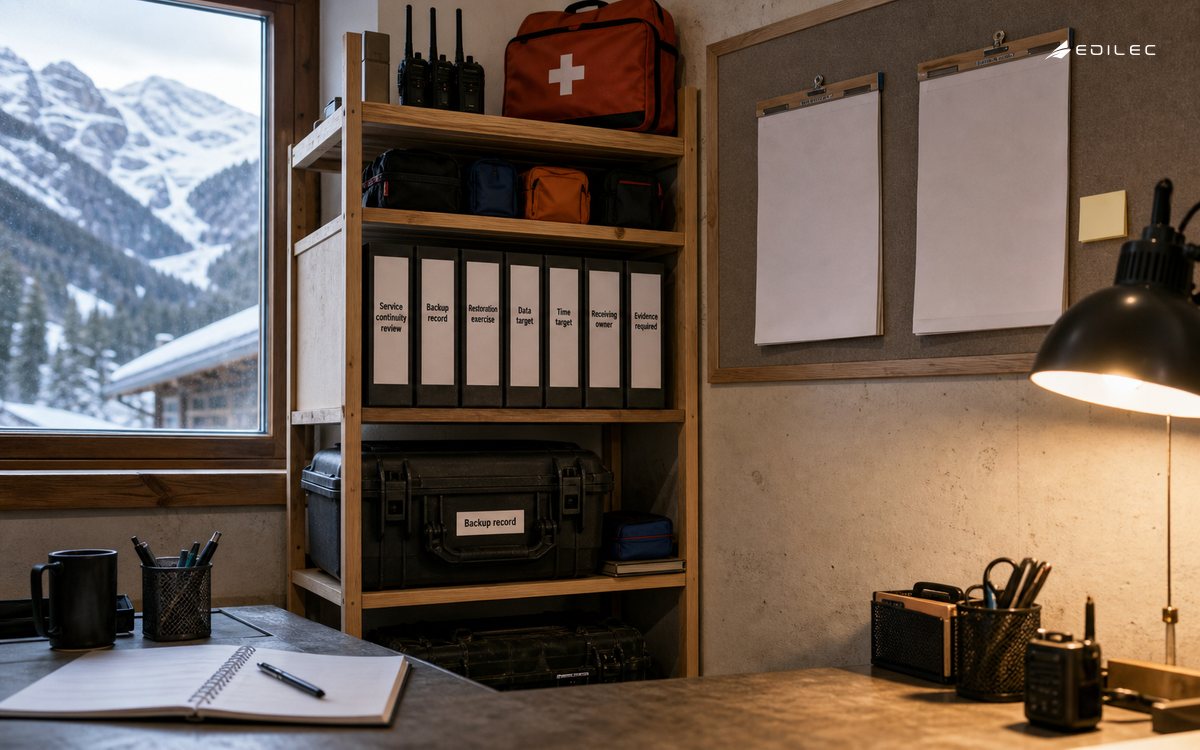 An outdoor-centre office separates backup records from a service-restoration exercise review.