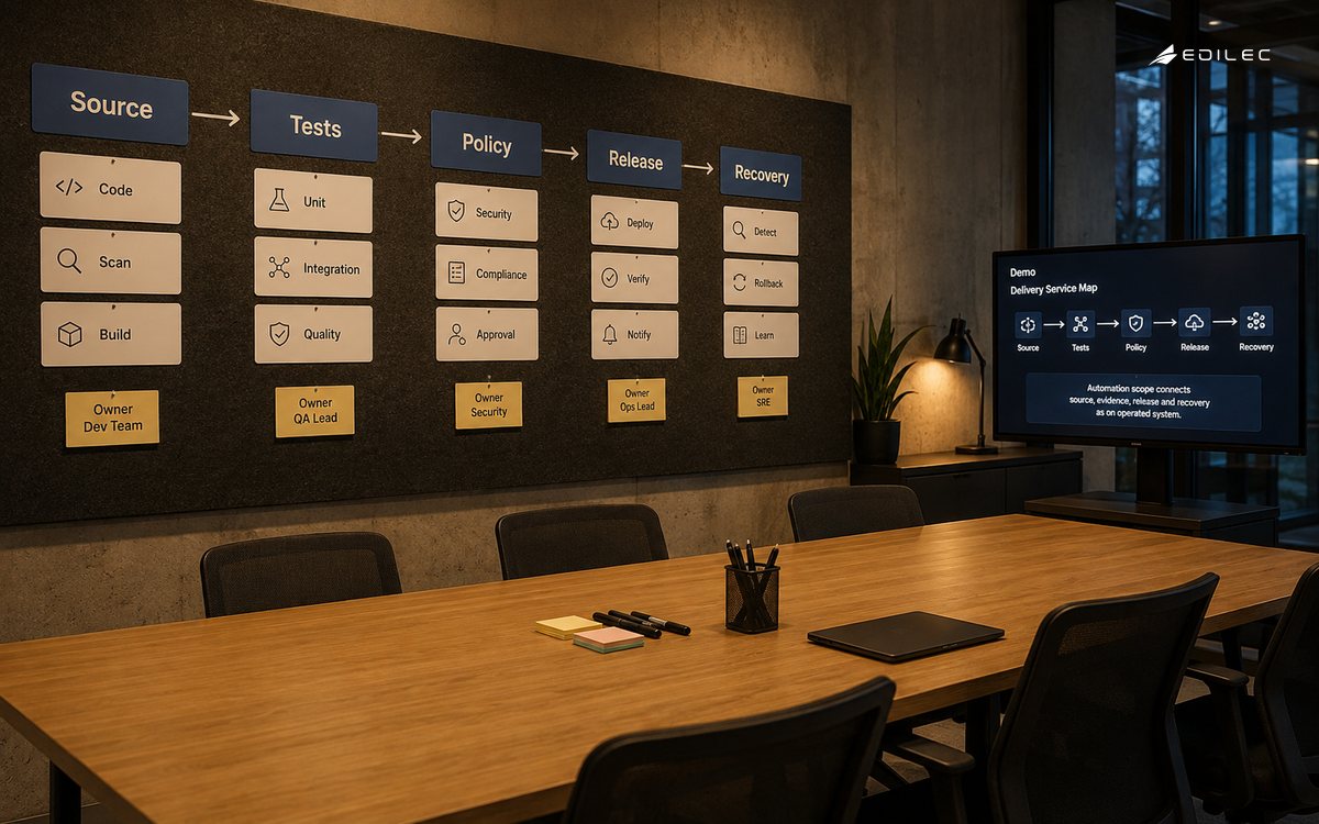 Wide photograph in an engineering discovery workshop with a long empty collaboration table, release-stage cards on a felt wall and a modest side monitor on a solid stand.