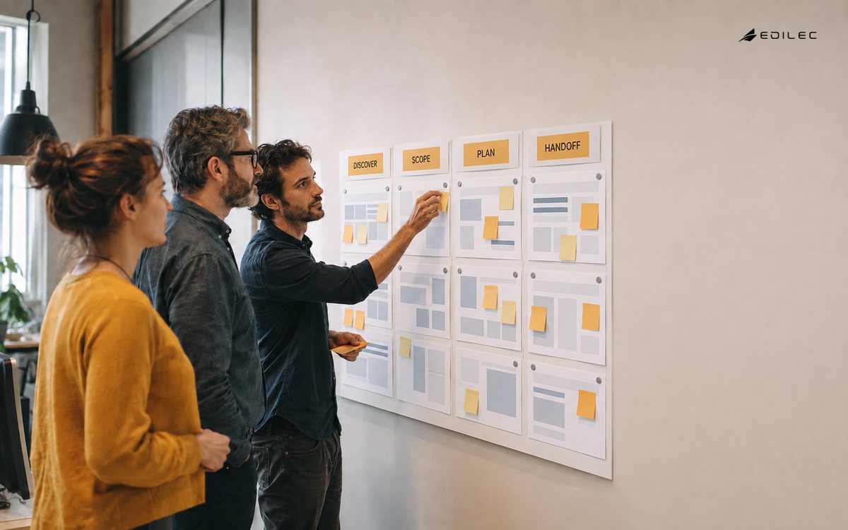 Consulting team standing at a board while planning a software implementation.