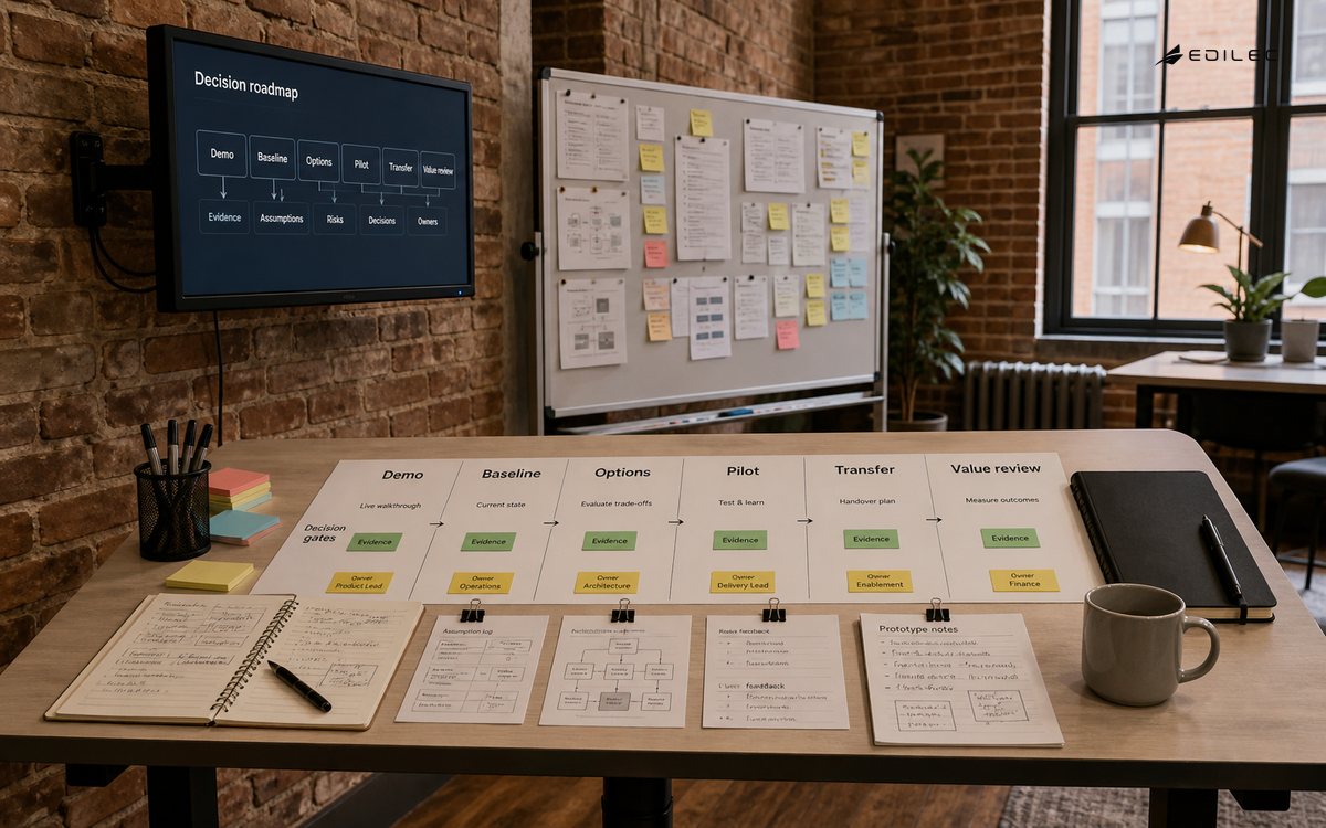 Wide documentary photograph of a consulting decision studio in a renovated brick office.