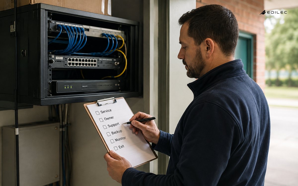 Candid waist-level photograph of a standing infrastructure technician comparing a plain asset inventory clipboard with a small real switch cabinet in a campus communications closet.