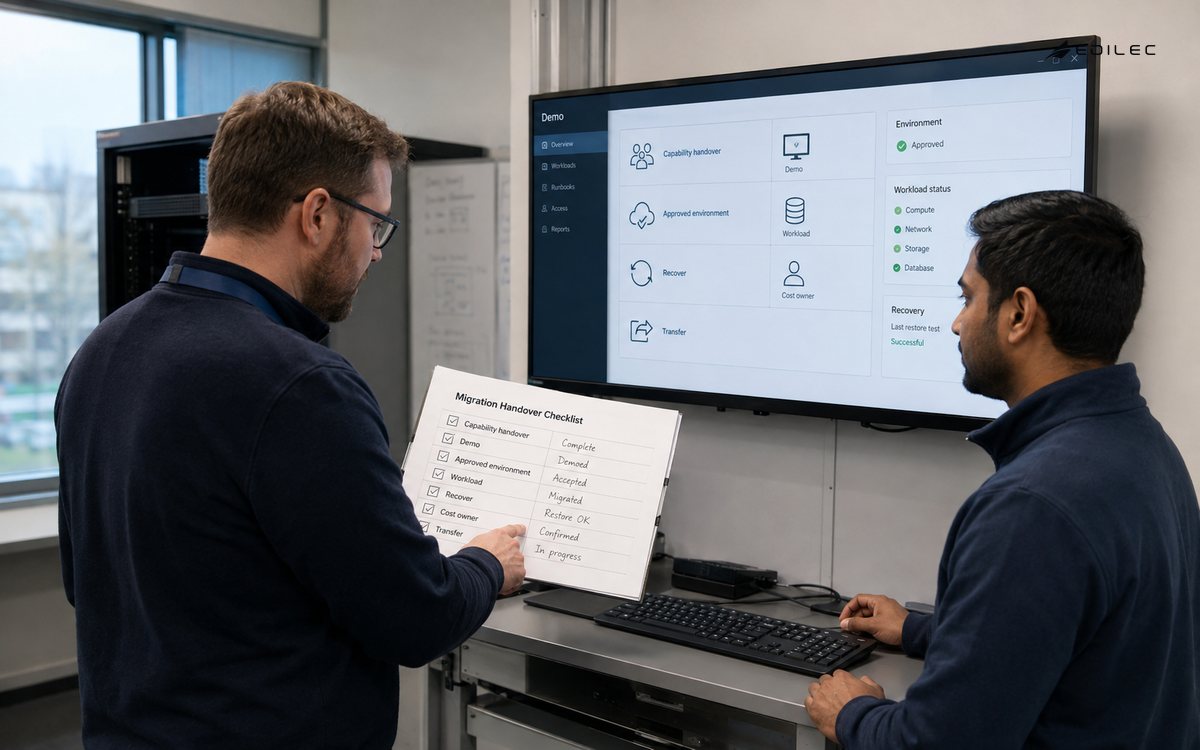 Wide side-angle photograph of two standing engineers rehearsing handover at a modest mounted console and physical migration checklist in a campus IT training suite.
