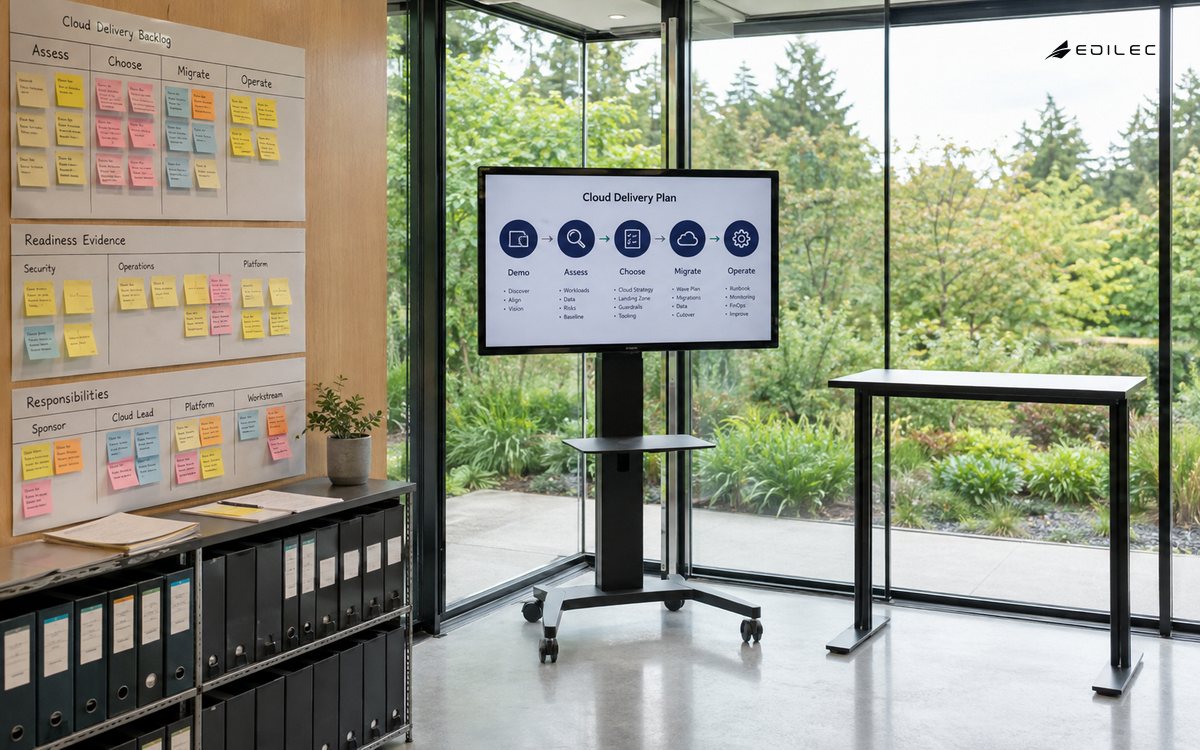 Wide photograph in a glass-walled planning studio with workload folders, an empty standing table and modest opaque monitor on a wheeled steel mount.