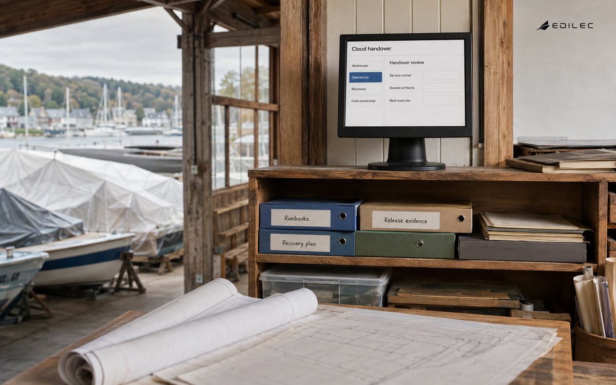 A boatyard planning loft holds cloud handover records beside a small operations screen.
