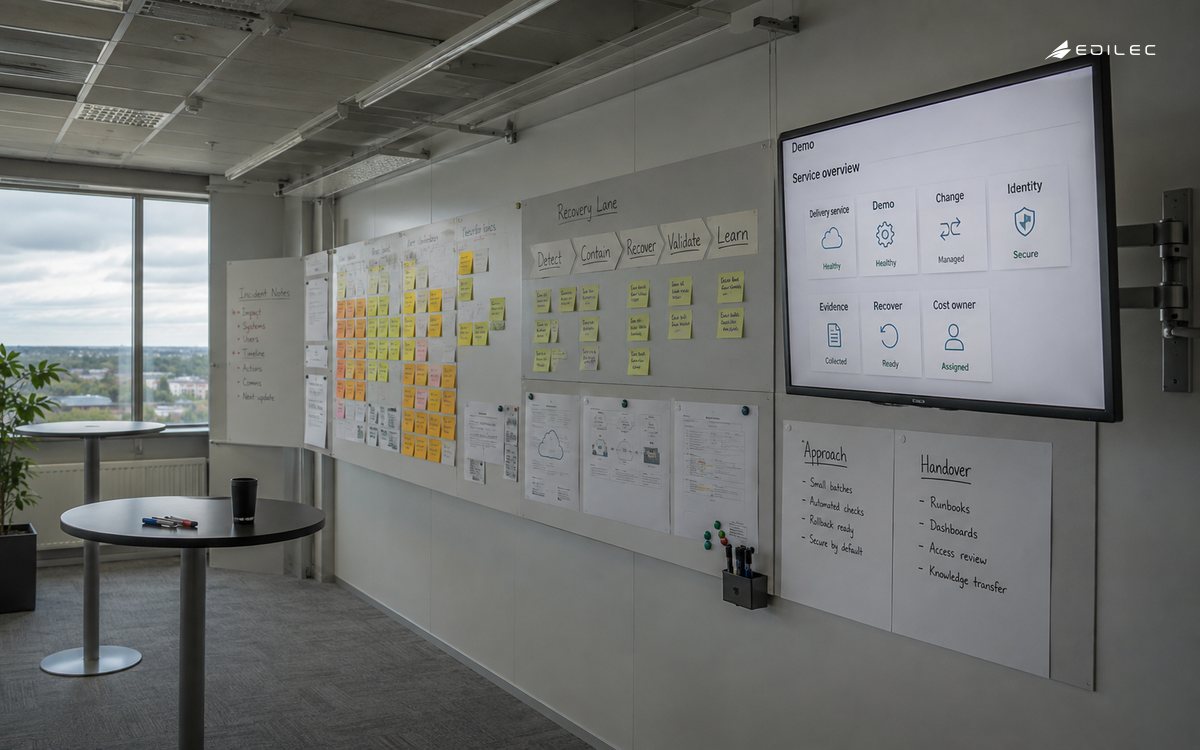 Wide photograph of a reliability workshop with empty standing positions, incident notes and a modest monitor on a genuine steel wall arm.
