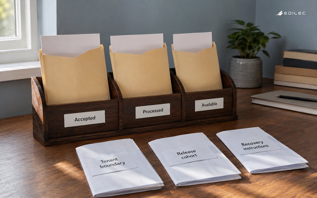 Separate envelopes represent accepted, processed and available states beside tenant and recovery instructions.