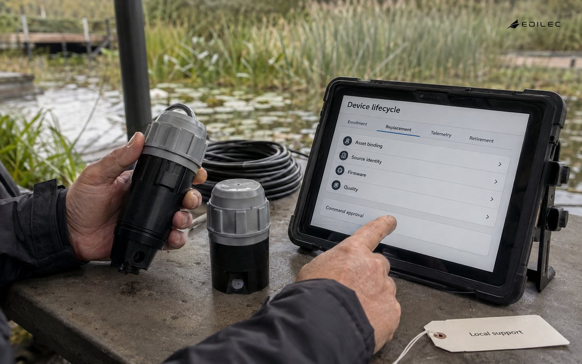 A technician reviews sensor replacement and identity records beside a water-monitoring device.