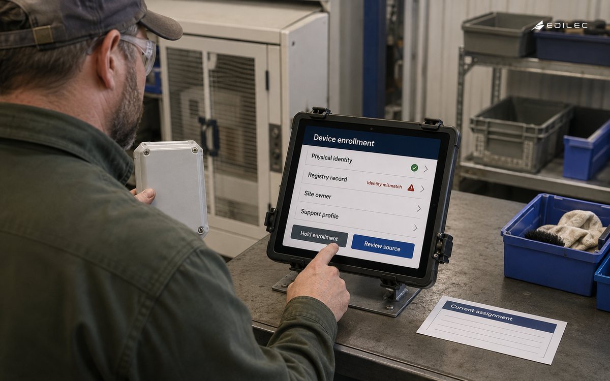 A technician compares a sealed sensor with its registry entry and holds enrollment for an identity mismatch.