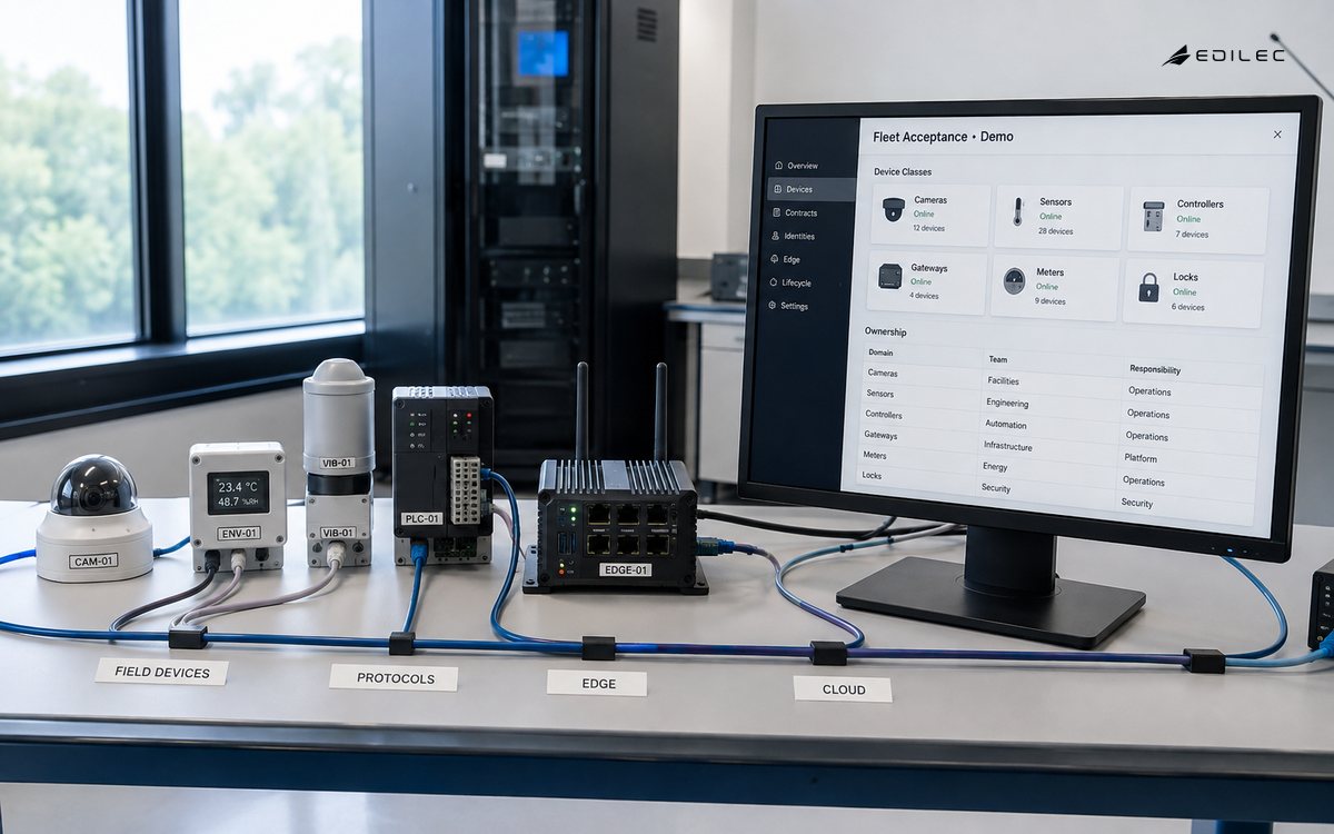 Wide photograph of a clean enterprise device integration bench with several believable unbranded sensors, a gateway, labeled cable paths and a modest supported opaque monitor.